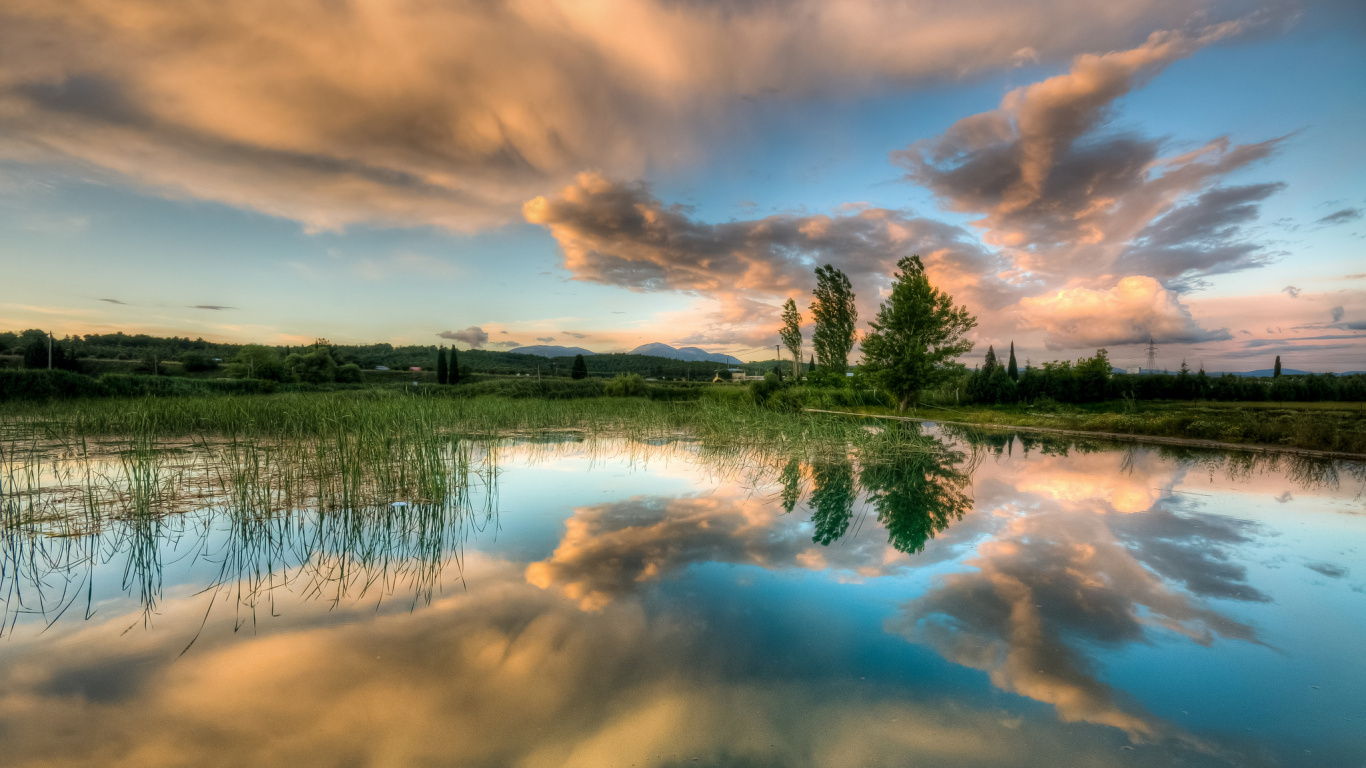 Обои природа, озеро, отражение, природный ландшафт, облако в разрешении 1366x768