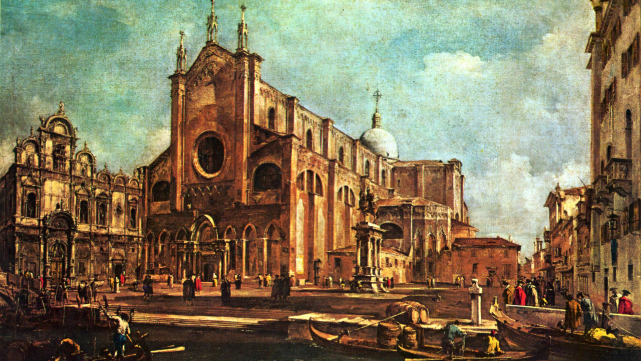 Обои Кампо Санти-Джованни-э-Паоло, живопись, Кампо, акварельные краски, средневековая архитектура в разрешении 1280x720