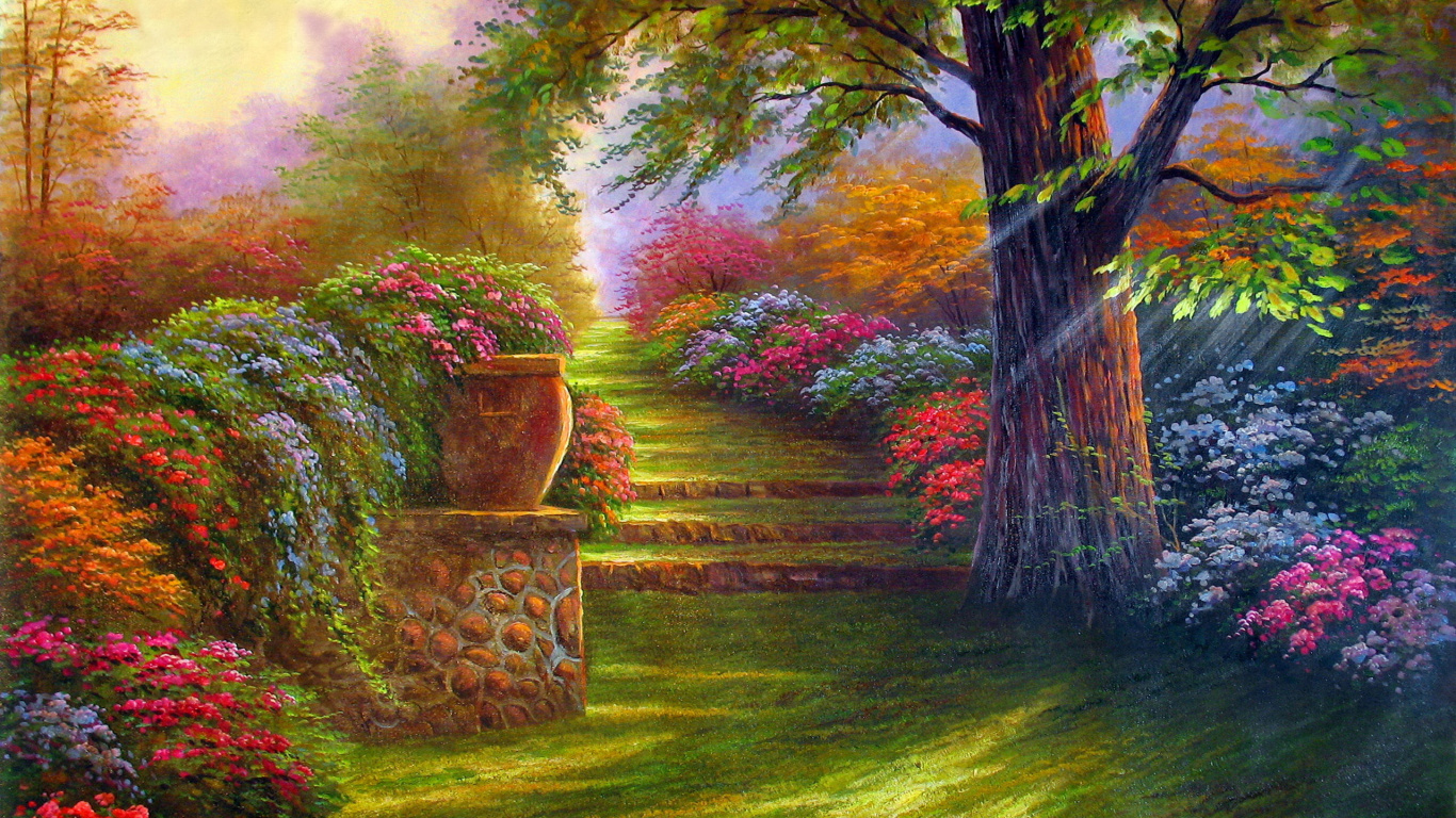 Обои цветник, сад, природа, живопись, пейзаж в разрешении 1366x768