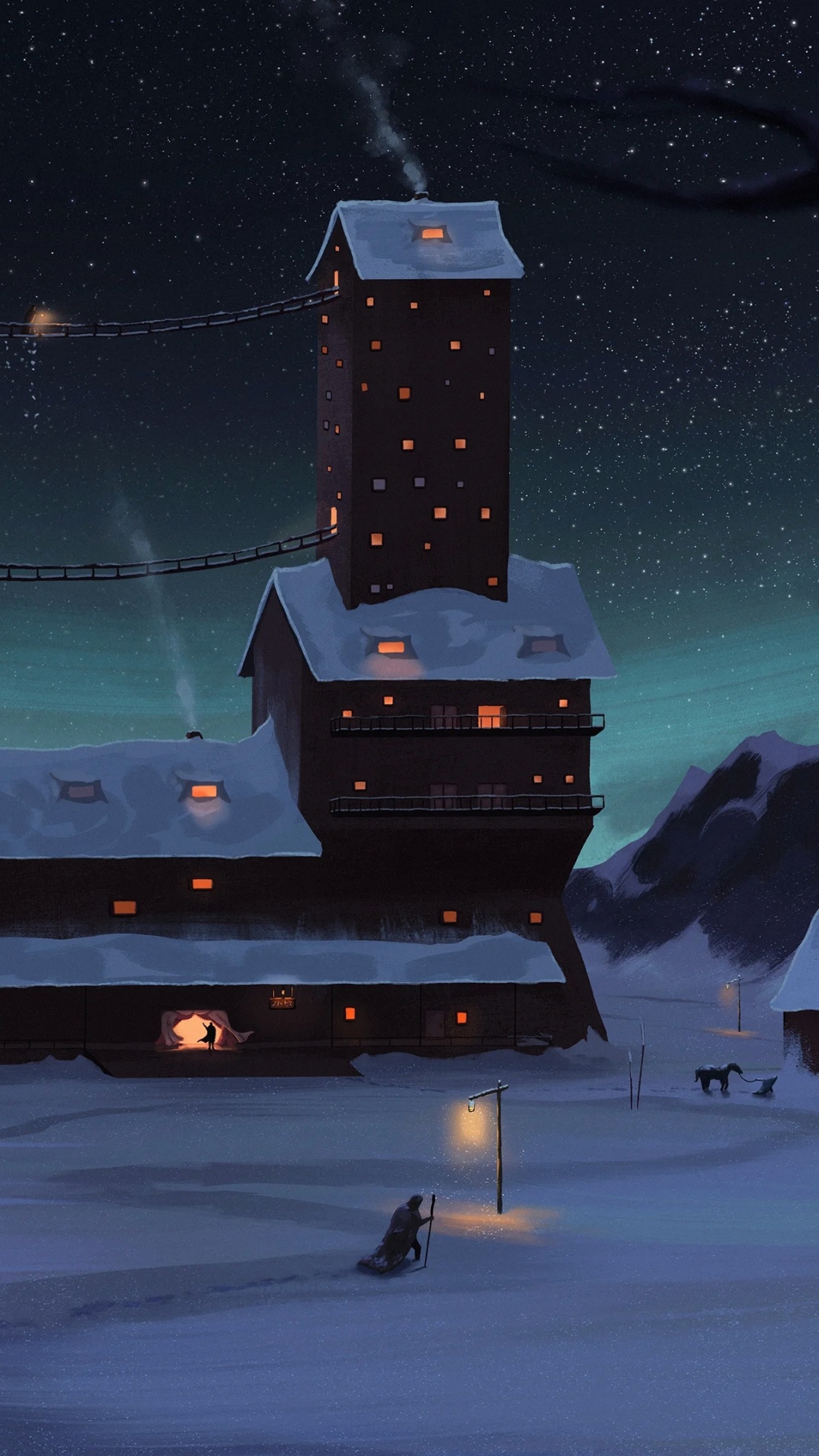 Обои снег, арт, рисование, атмосфера, дерево в разрешении 1080x1920