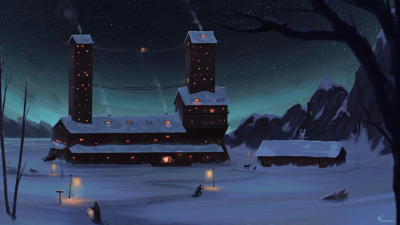 Обои снег, арт, рисование, атмосфера, дерево в разрешении 1280x720