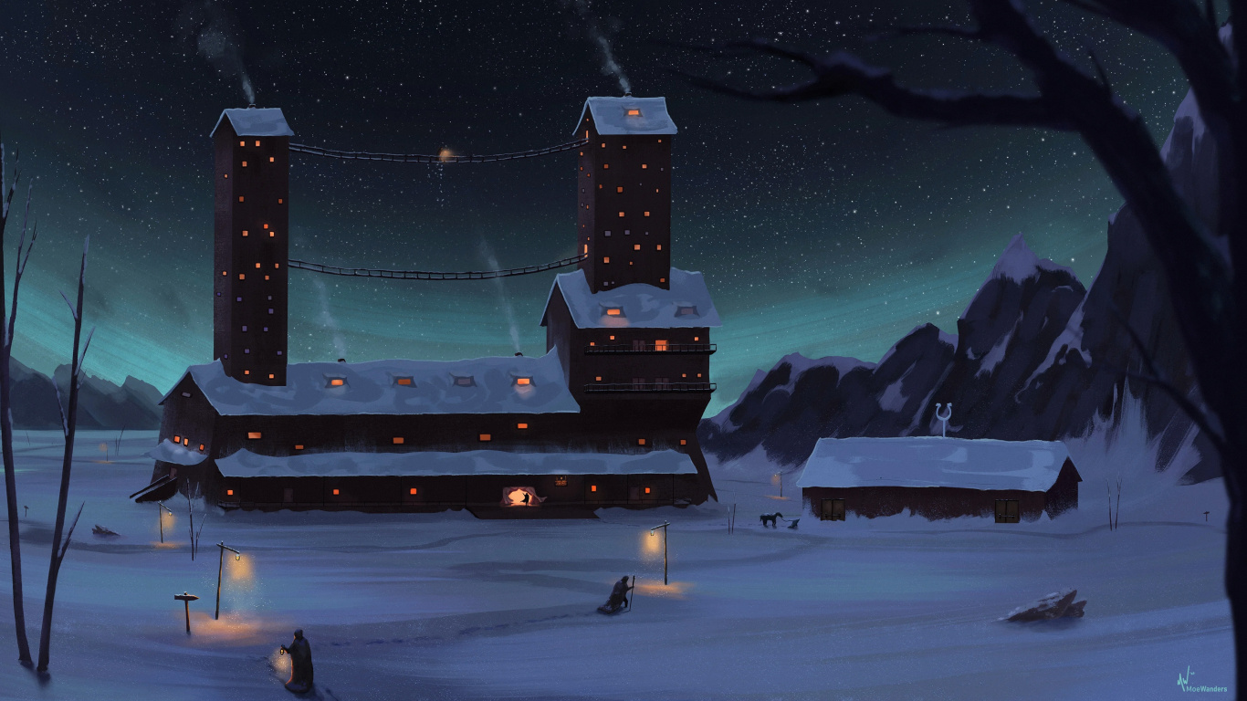 Обои снег, арт, рисование, атмосфера, дерево в разрешении 1366x768