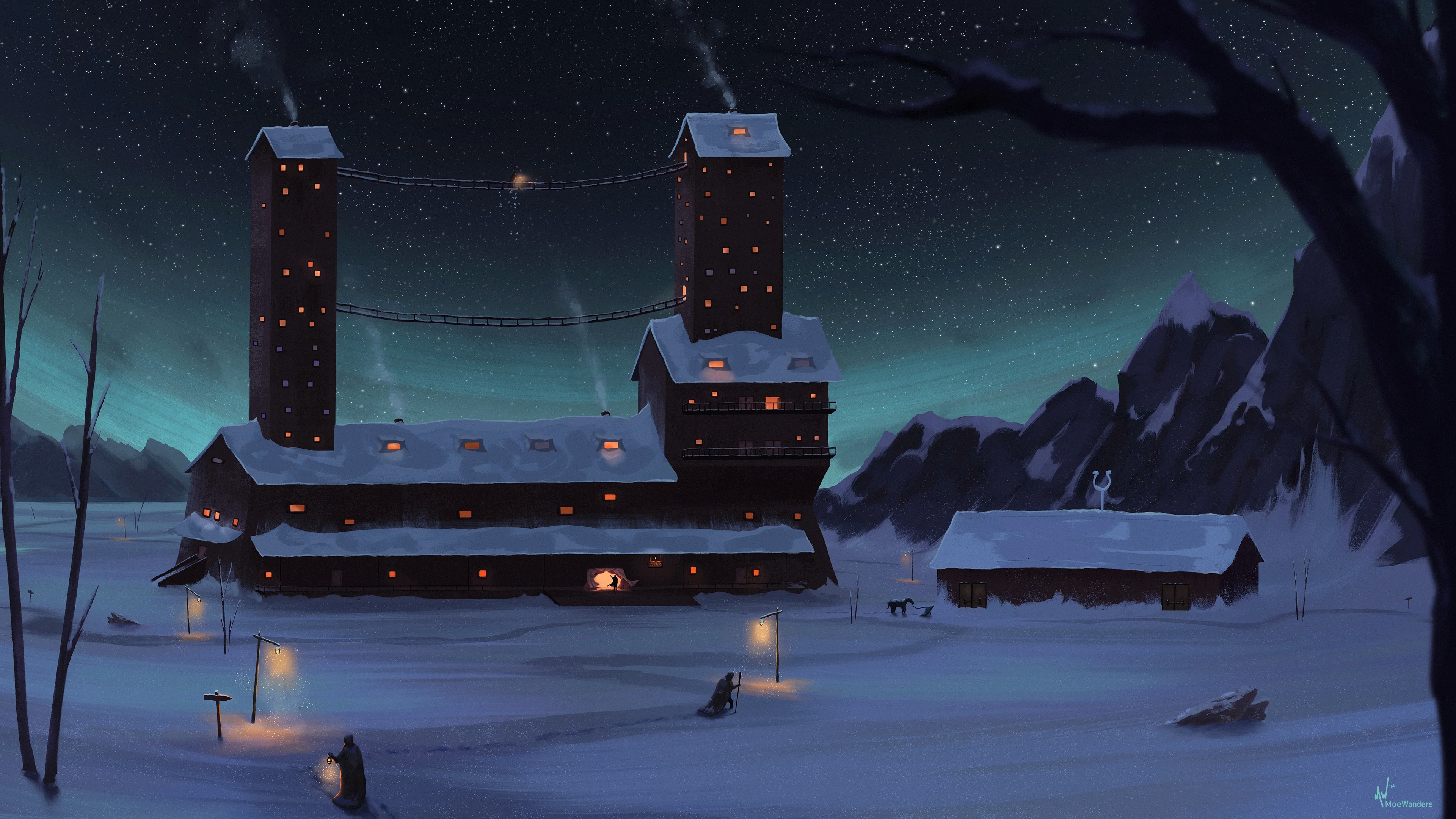 Обои снег, арт, рисование, атмосфера, дерево в разрешении 3840x2160