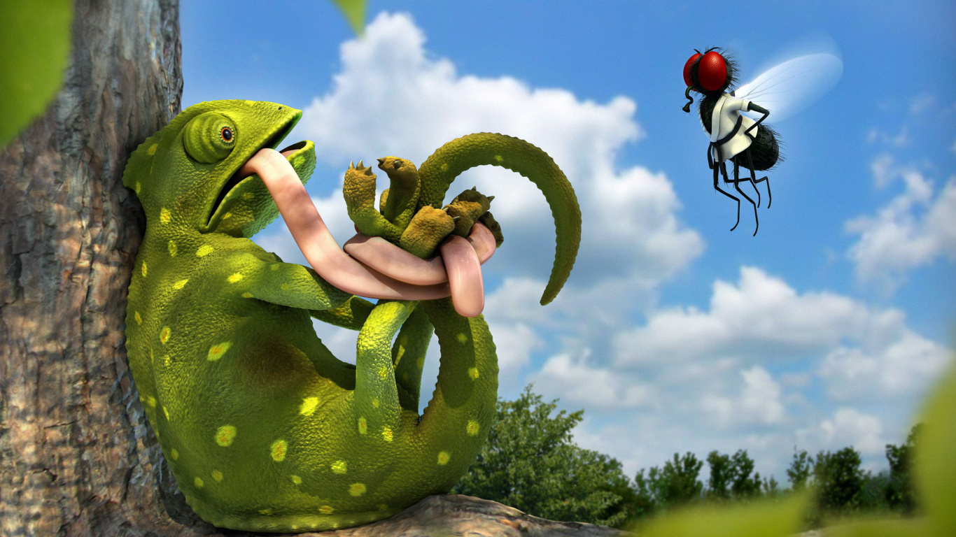 Обои зеленый, дерево, растение, пресмыкающееся, иллюстрация в разрешении 1366x768