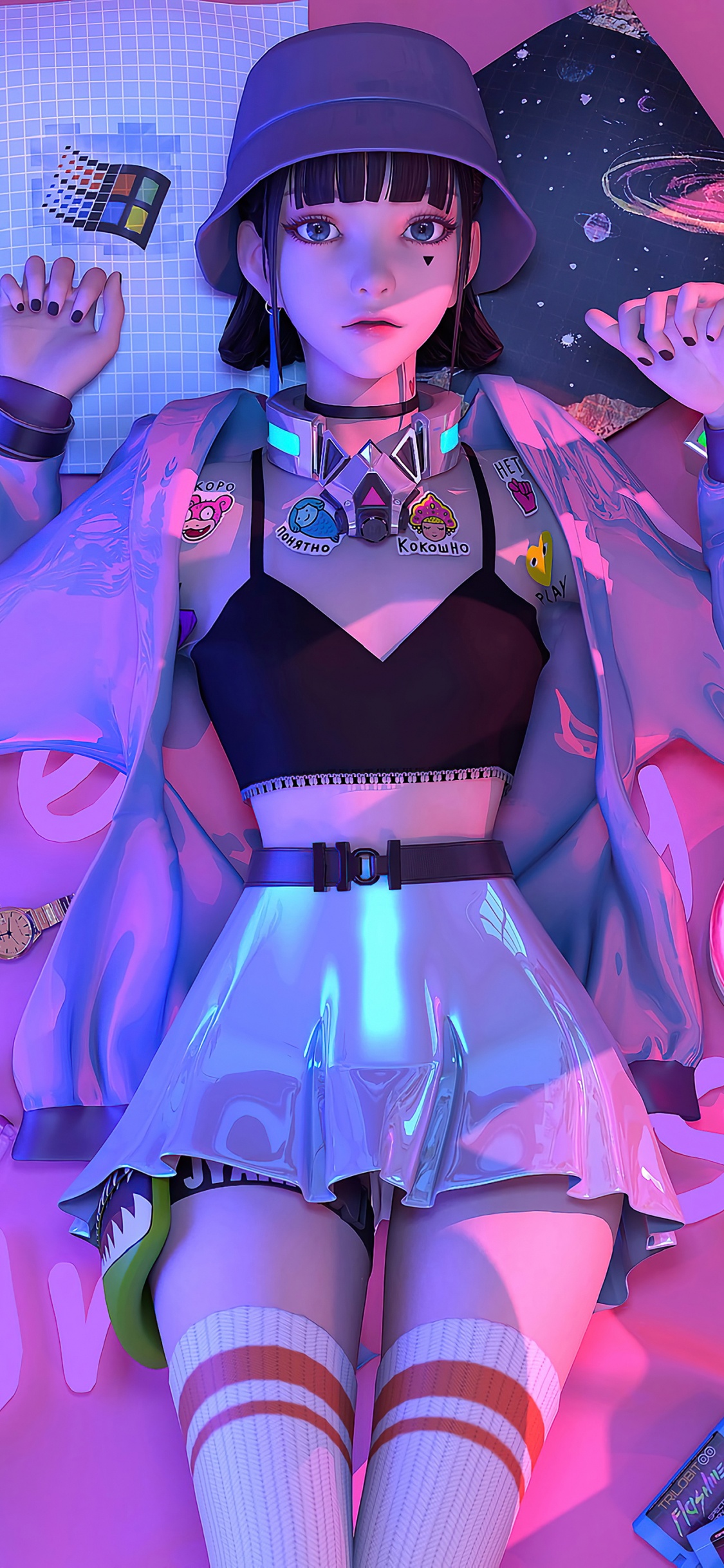 Обои Киберпанк, аниме, ретро панк аниме девушка лежит на кровати, пурпур, Фиолетовый в разрешении 1125x2436