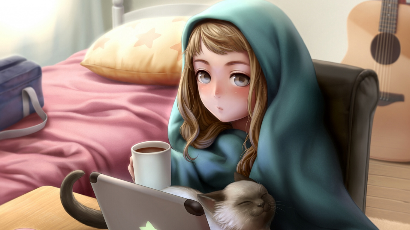 Обои аниме, Девушка кошка, Кавайная, рисование, сидящий в разрешении 1366x768