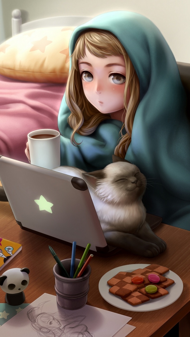 Обои аниме, Девушка кошка, Кавайная, рисование, сидящий в разрешении 720x1280