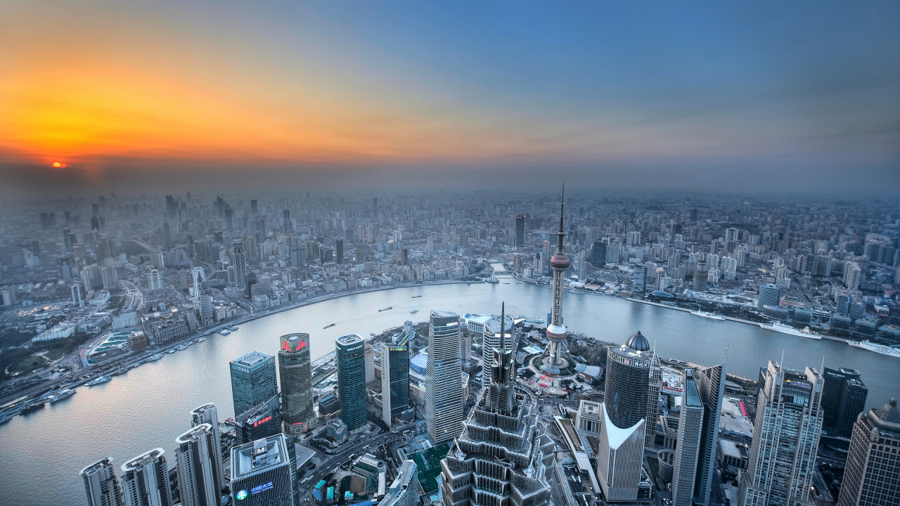Обои вода, городской район, Шанхайская Башня, горизонт, зима в разрешении 1280x720
