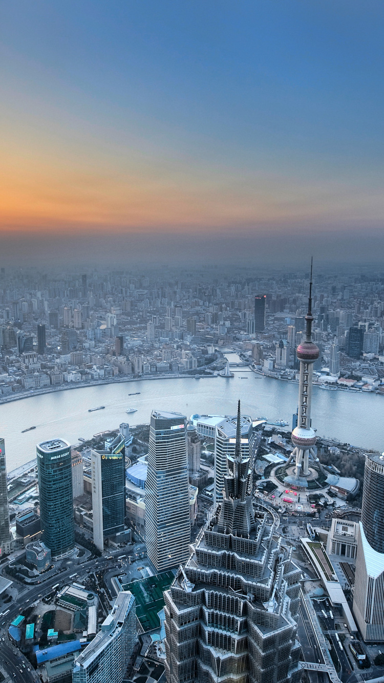 Обои вода, городской район, Шанхайская Башня, горизонт, зима в разрешении 750x1334