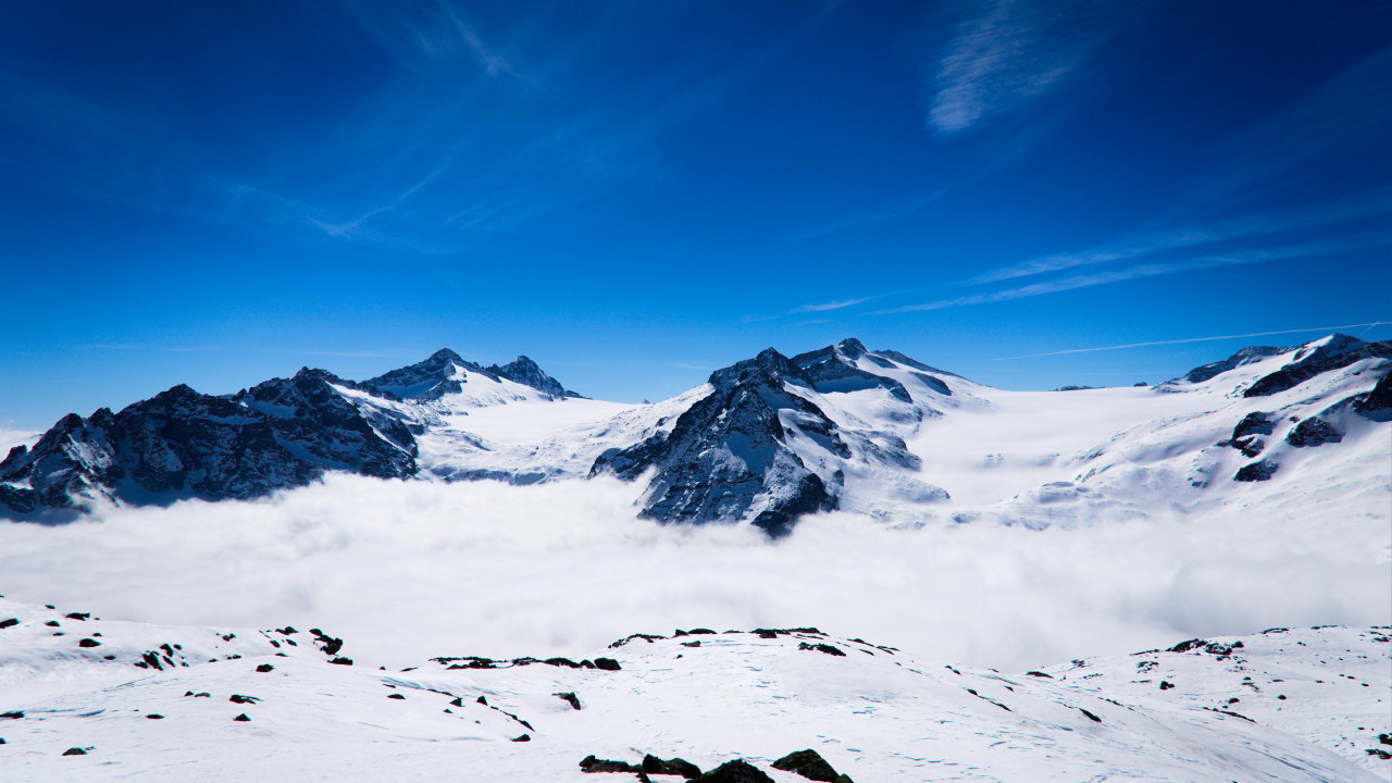 Обои горный рельеф, гора, снег, горный хребет, ледяная форма в разрешении 1280x720