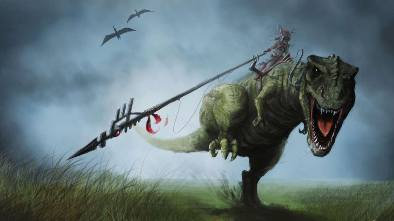 Обои тираннозавр, динозавр, дракон, иллюстрация, Цифровой композитинг в разрешении 1366x768