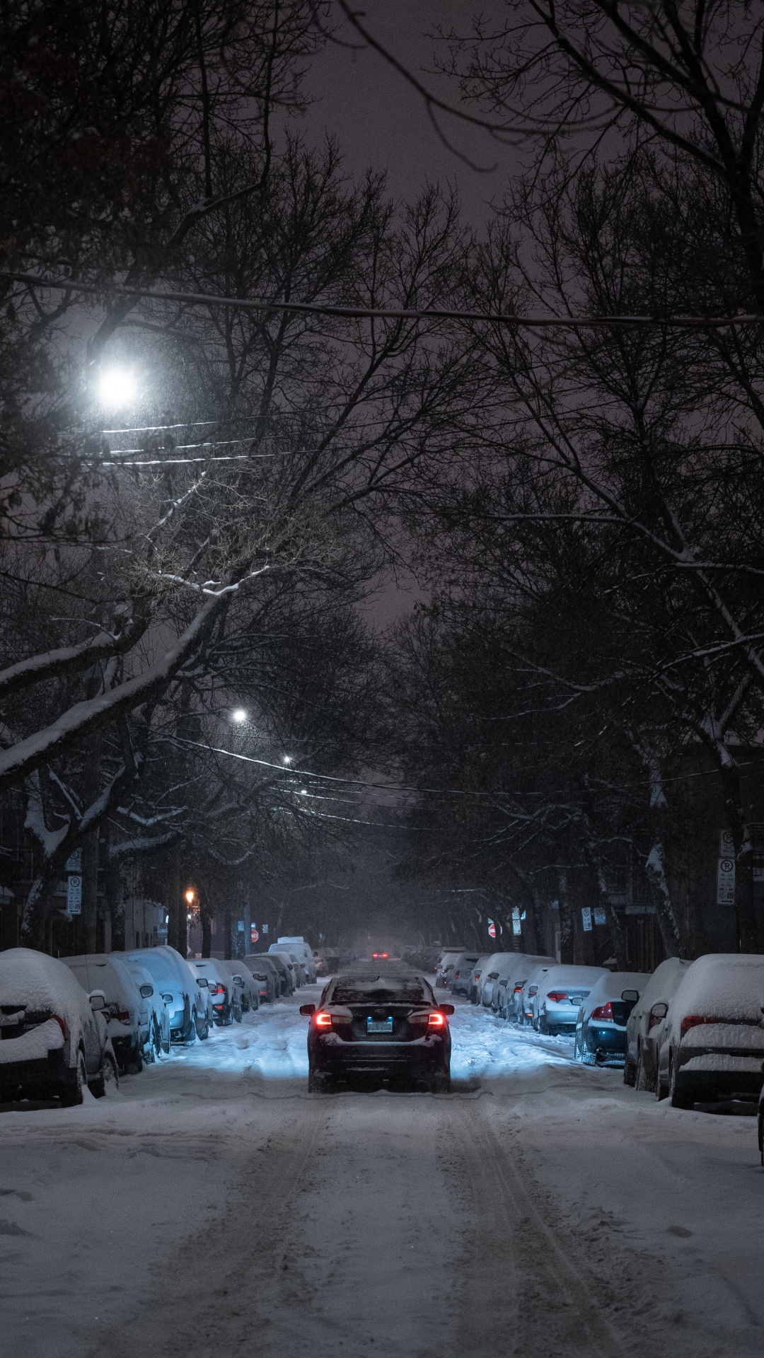 Обои снег, зима, ночь, уличный фонарь, зимняя дорога в разрешении 1080x1920