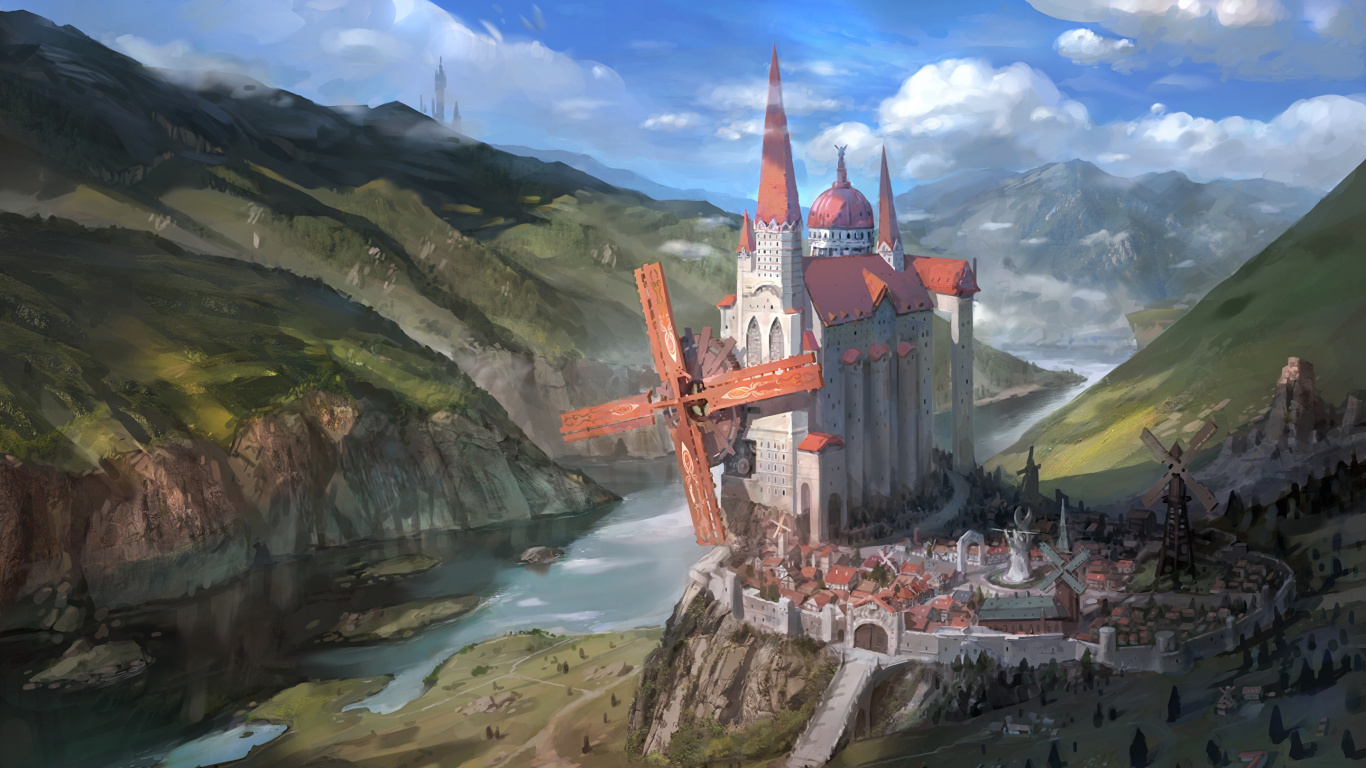 Обои фэнтези, арт, нагорье, живопись, гора в разрешении 1366x768