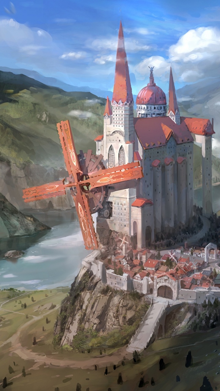 Обои фэнтези, арт, нагорье, живопись, гора в разрешении 720x1280