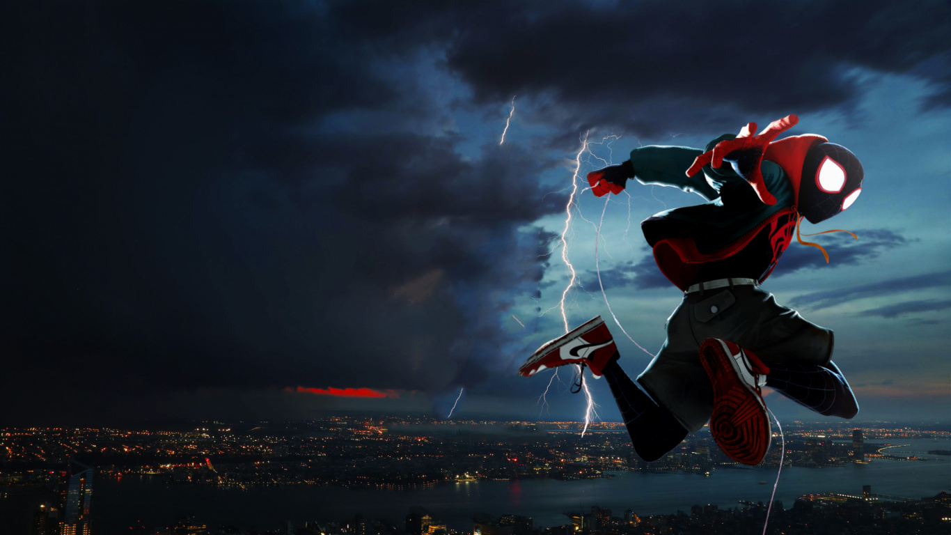 Обои человек-паук, арт, красный цвет, облако, экстремальный вид спорта в разрешении 1366x768