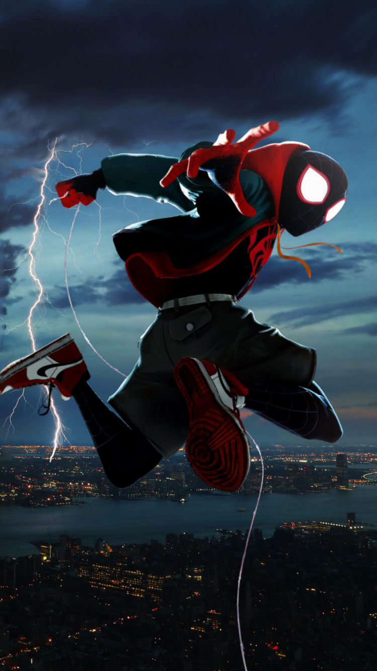 Обои человек-паук, арт, красный цвет, облако, экстремальный вид спорта в разрешении 750x1334