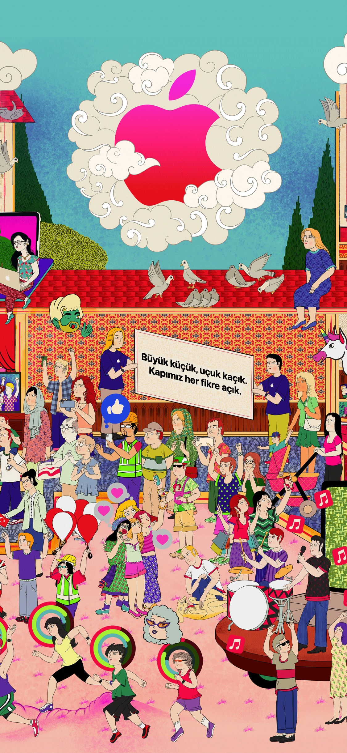 Обои яблочная улица, яблоко, залитый проспект, синий, розовый в разрешении 1125x2436