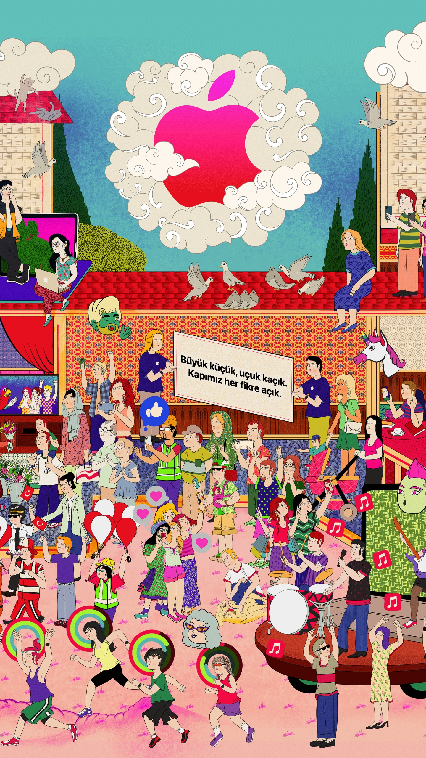 Обои яблочная улица, яблоко, залитый проспект, синий, розовый в разрешении 1440x2560