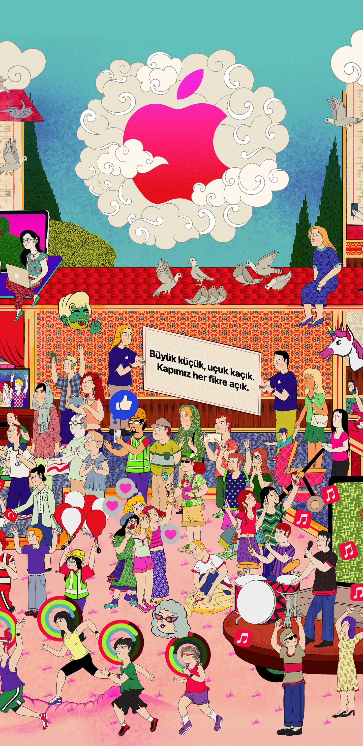 Обои яблочная улица, яблоко, залитый проспект, синий, розовый в разрешении 1440x2960