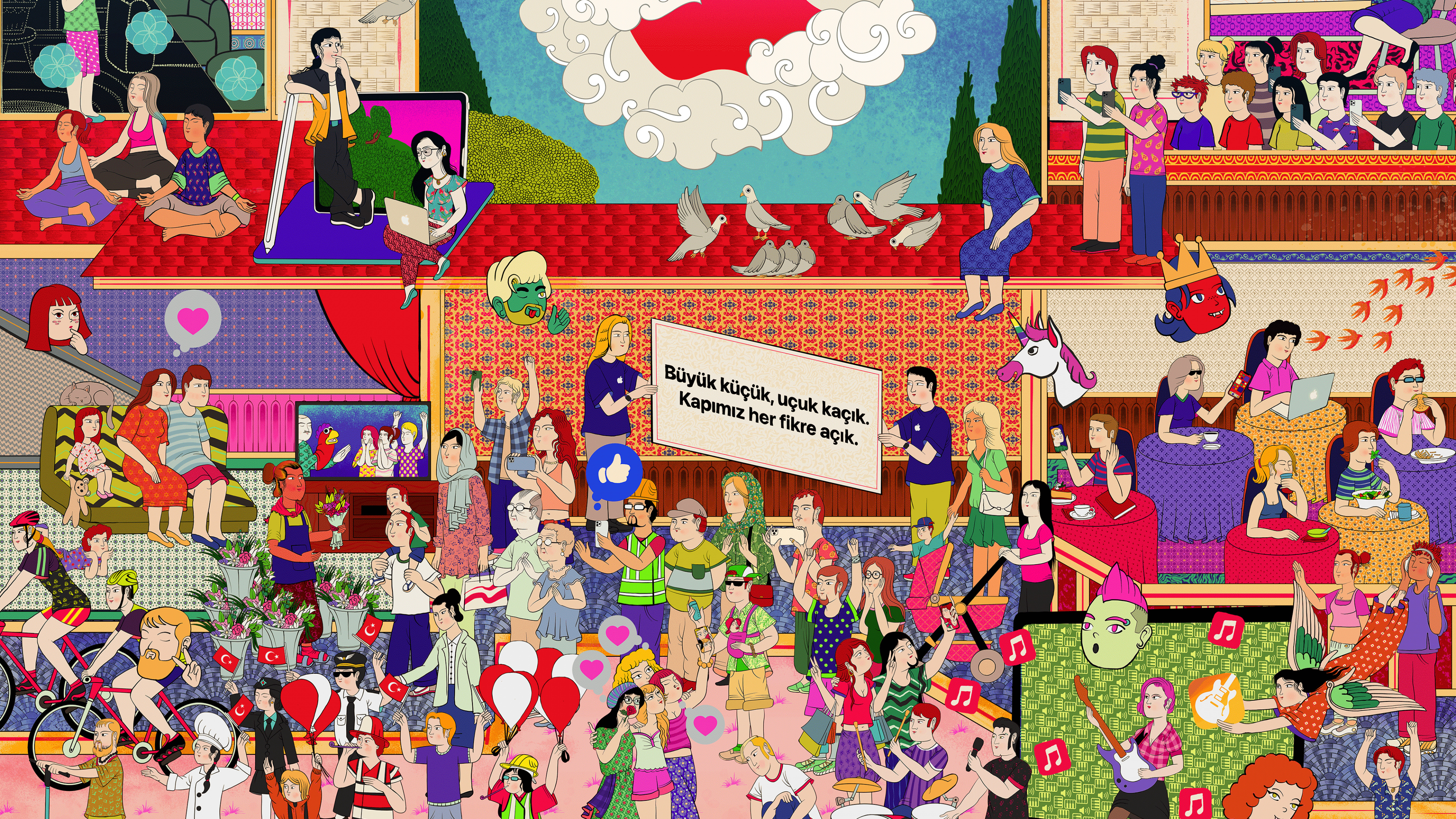 Обои яблочная улица, яблоко, залитый проспект, синий, розовый в разрешении 3840x2160