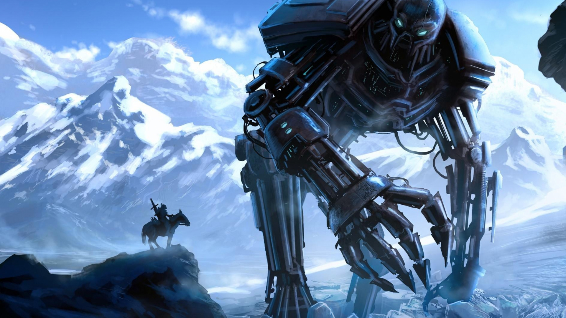 Обои робот, киборг, меха, небо, лед в разрешении 1920x1080