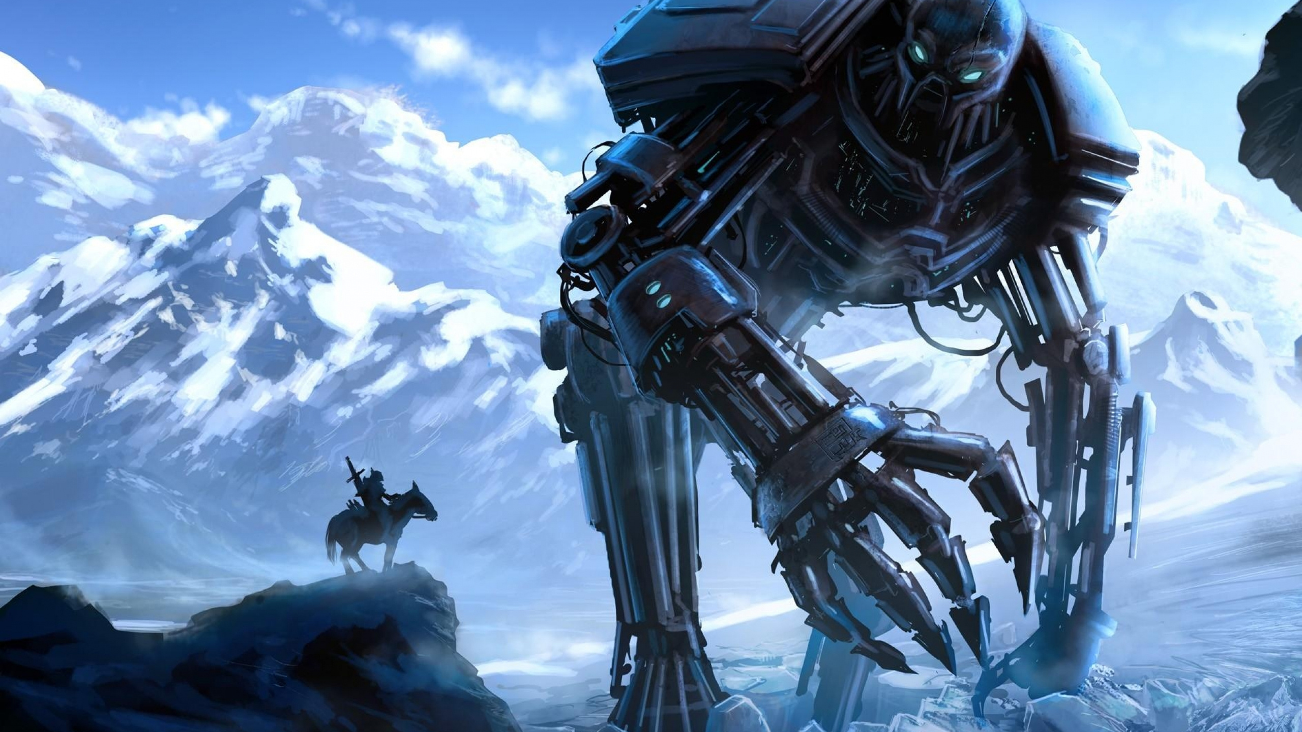 Обои робот, киборг, меха, небо, лед в разрешении 2560x1440