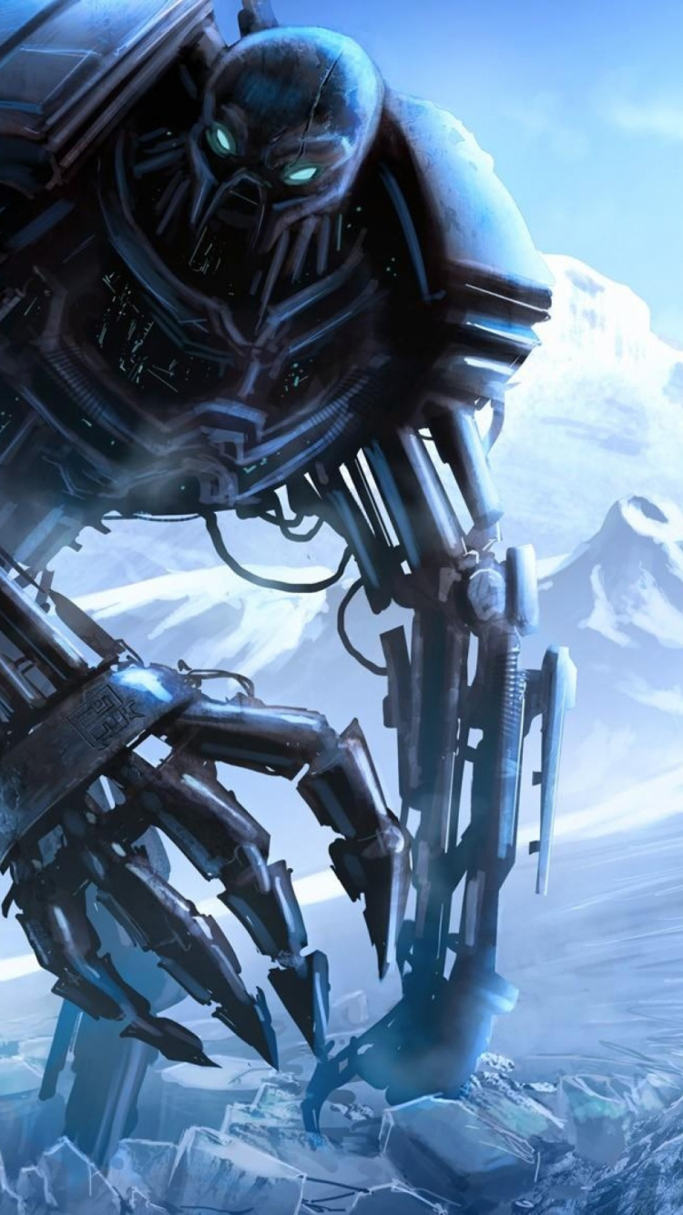 Обои робот, киборг, меха, небо, лед в разрешении 750x1334