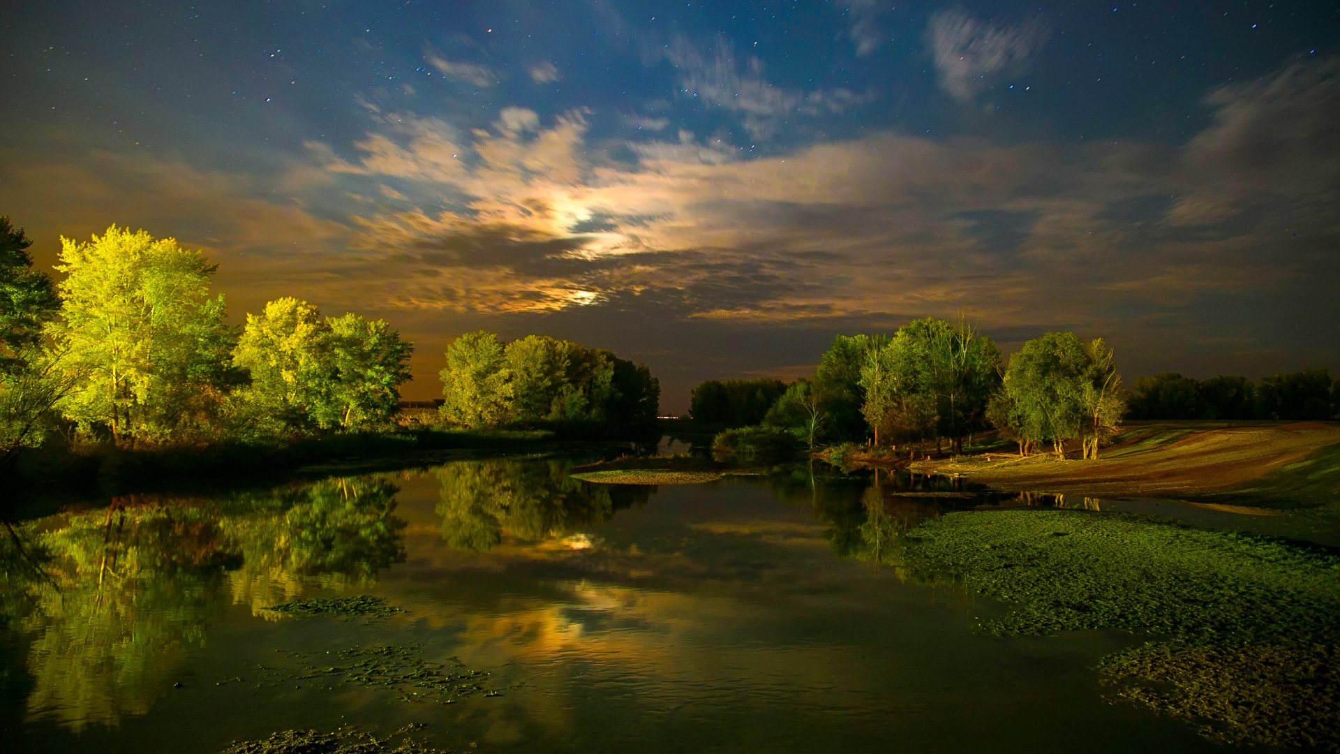 Обои природа, закат, отражение, облако, Банк в разрешении 1920x1080