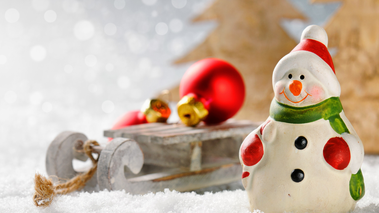 Обои Рождественский день, Снеговик, праздник, снег, Санта-Клаус в разрешении 1280x720