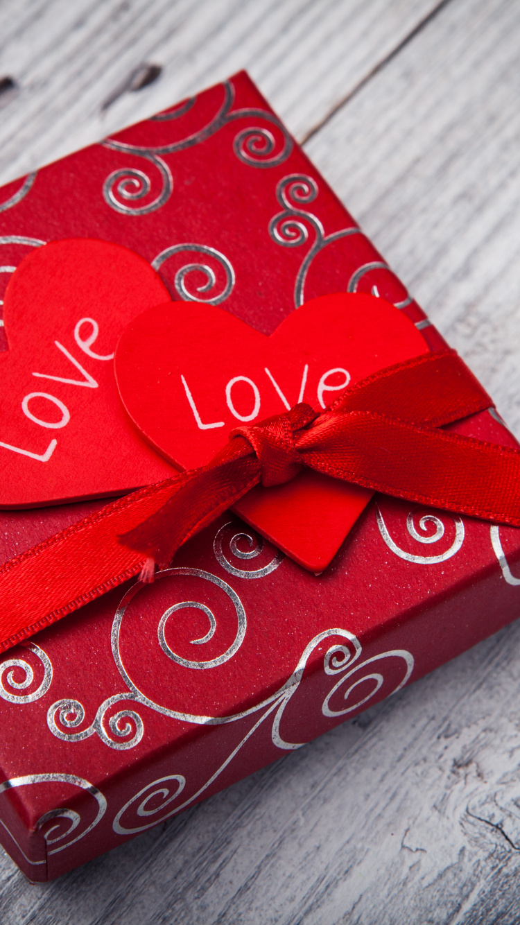 Обои лента, любовь, День Святого Валентина, красный цвет, подарочная упаковка в разрешении 750x1334