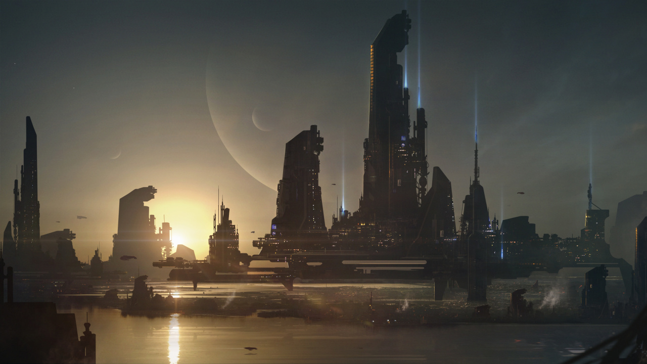 Обои концепт арт, ориентир, город, городской пейзаж, ночь в разрешении 1280x720