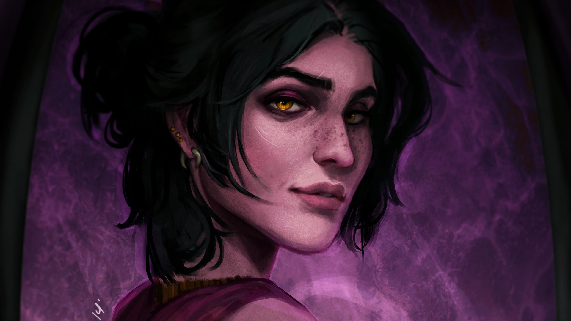 Обои голова, глаз, dragon age inquisition, иллюстрация, пурпур в разрешении 1920x1080