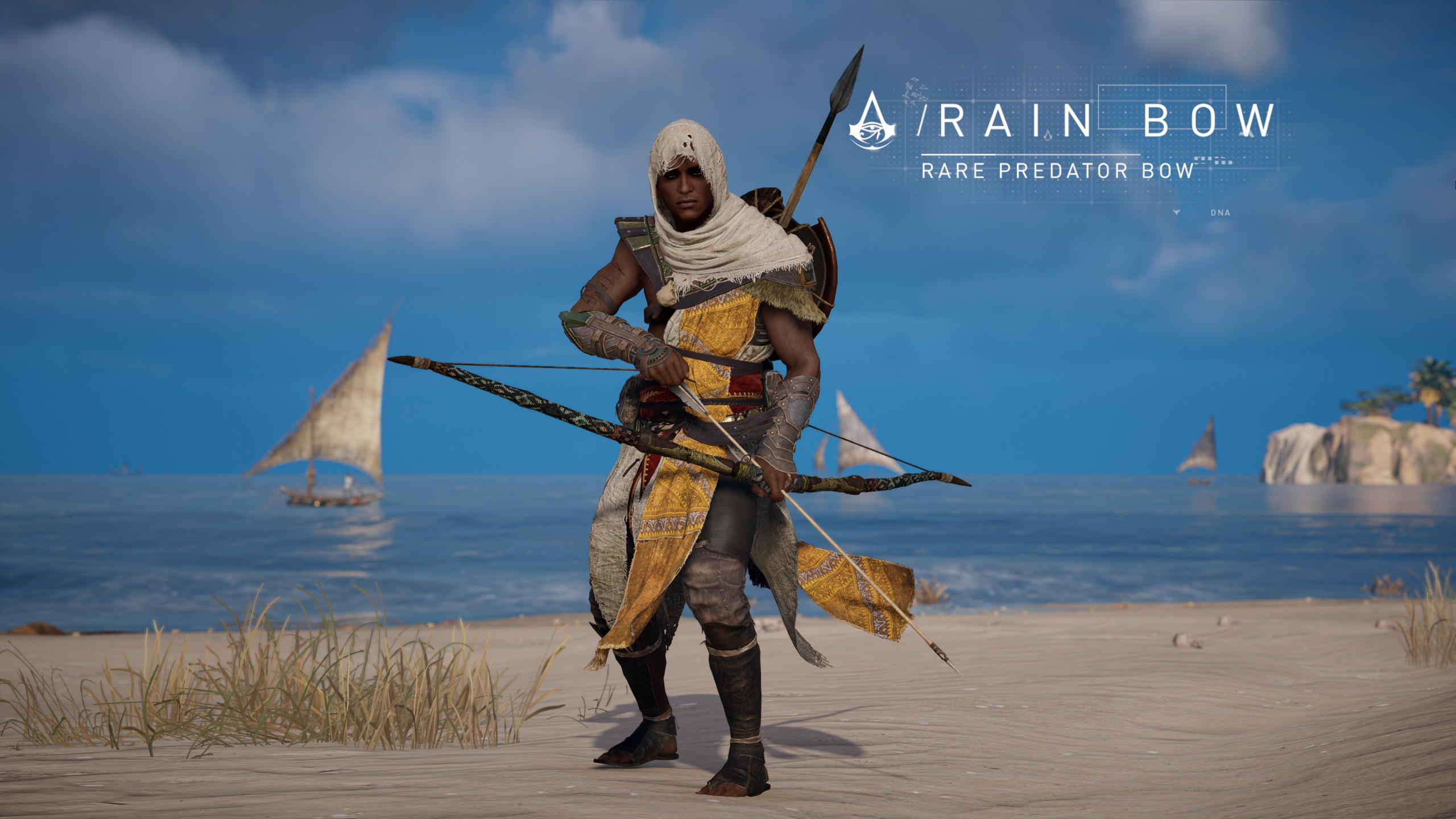 Обои assassins creed origins, жезл thaati, скипетр, убийца, море в разрешении 2560x1440