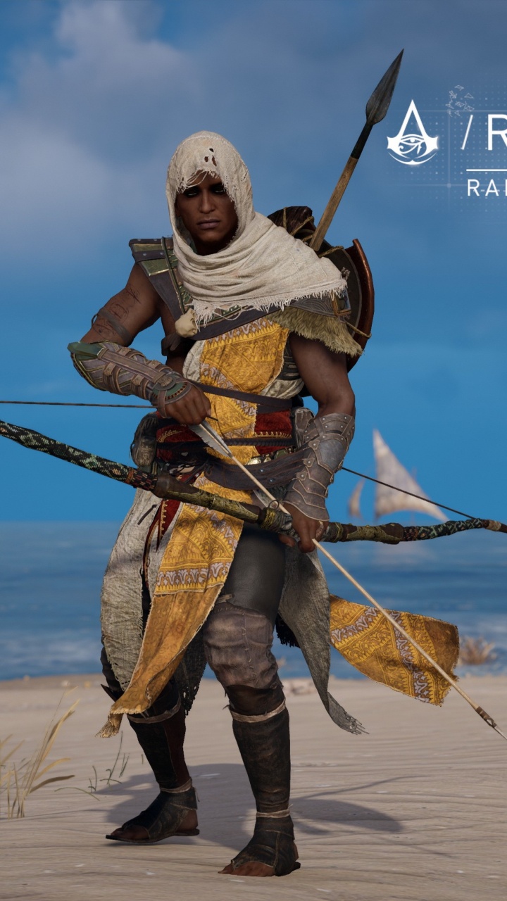 Обои assassins creed origins, жезл thaati, скипетр, убийца, море в разрешении 720x1280