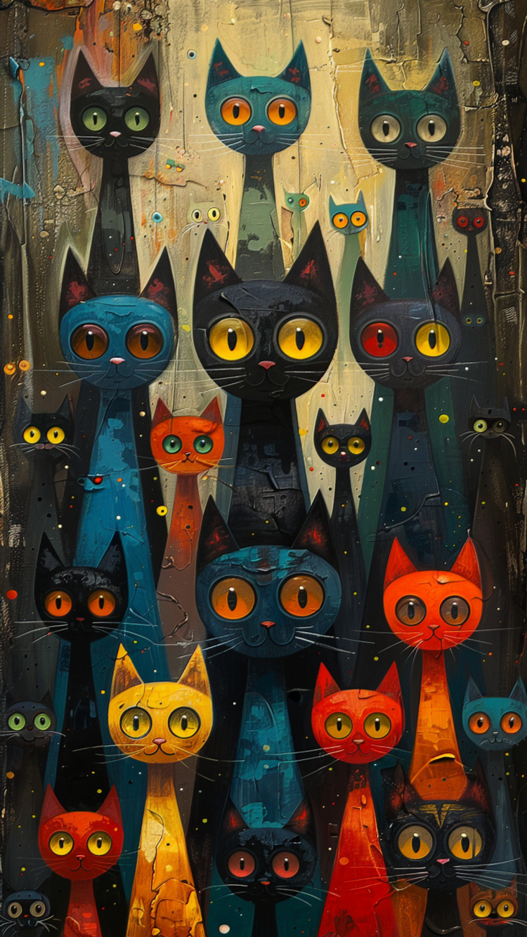 Обои кот, визуальное искусство, арт, синий, зеленый в разрешении 750x1334