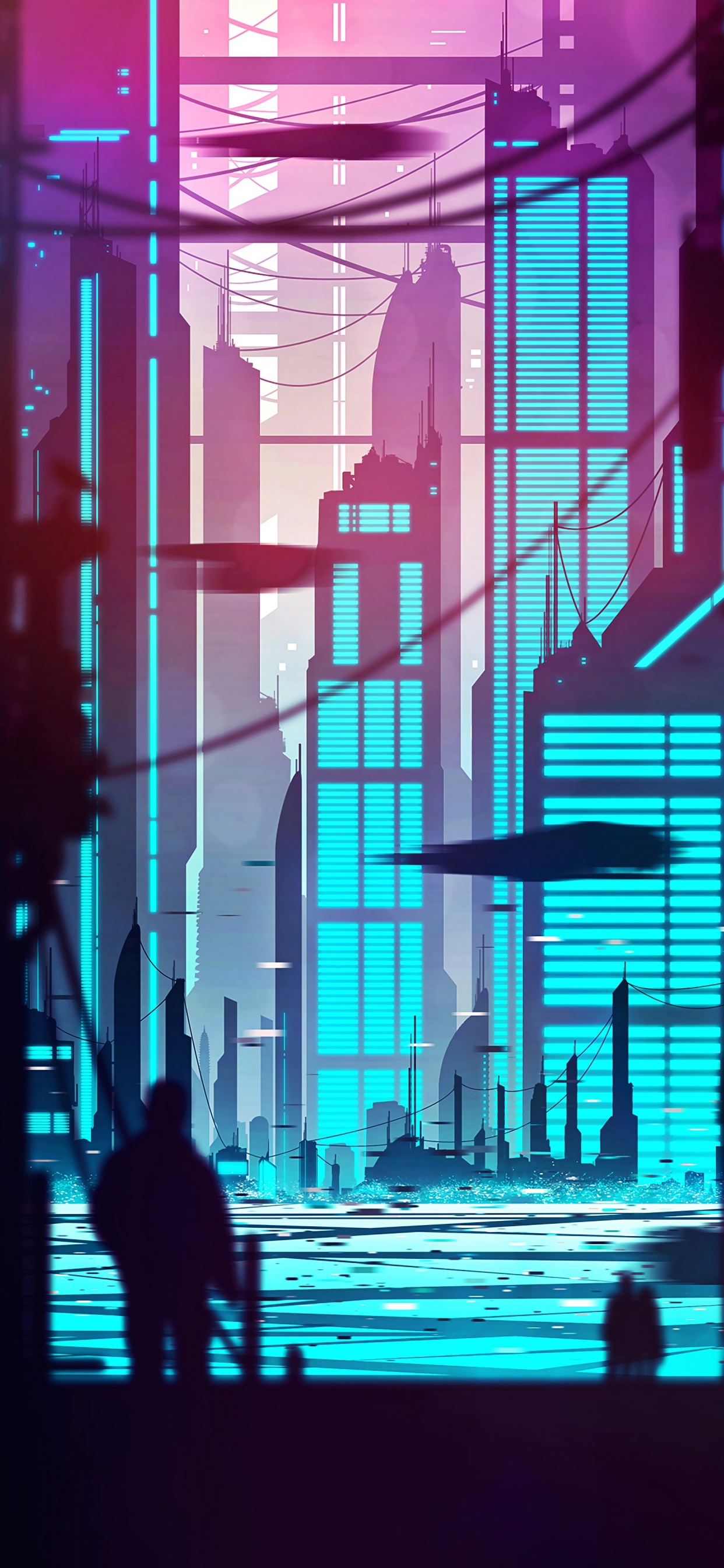 Обои Киберпанк, арт, силуэт, синий, метрополия в разрешении 1242x2688