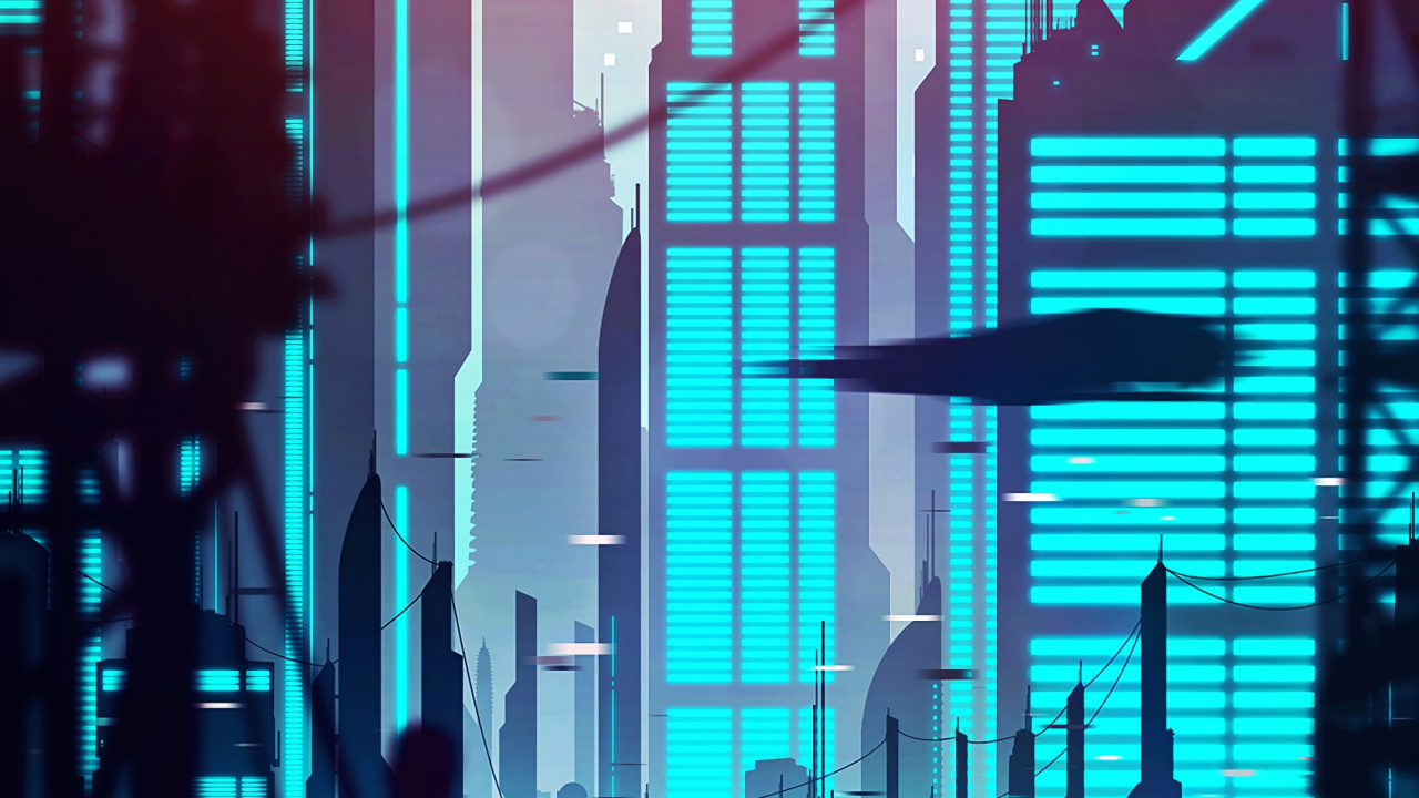 Обои Киберпанк, арт, силуэт, синий, метрополия в разрешении 1280x720