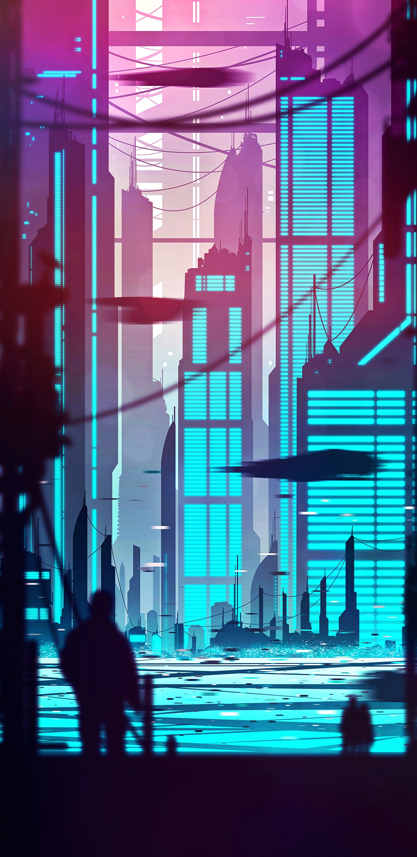 Обои Киберпанк, арт, силуэт, синий, метрополия в разрешении 1440x2960