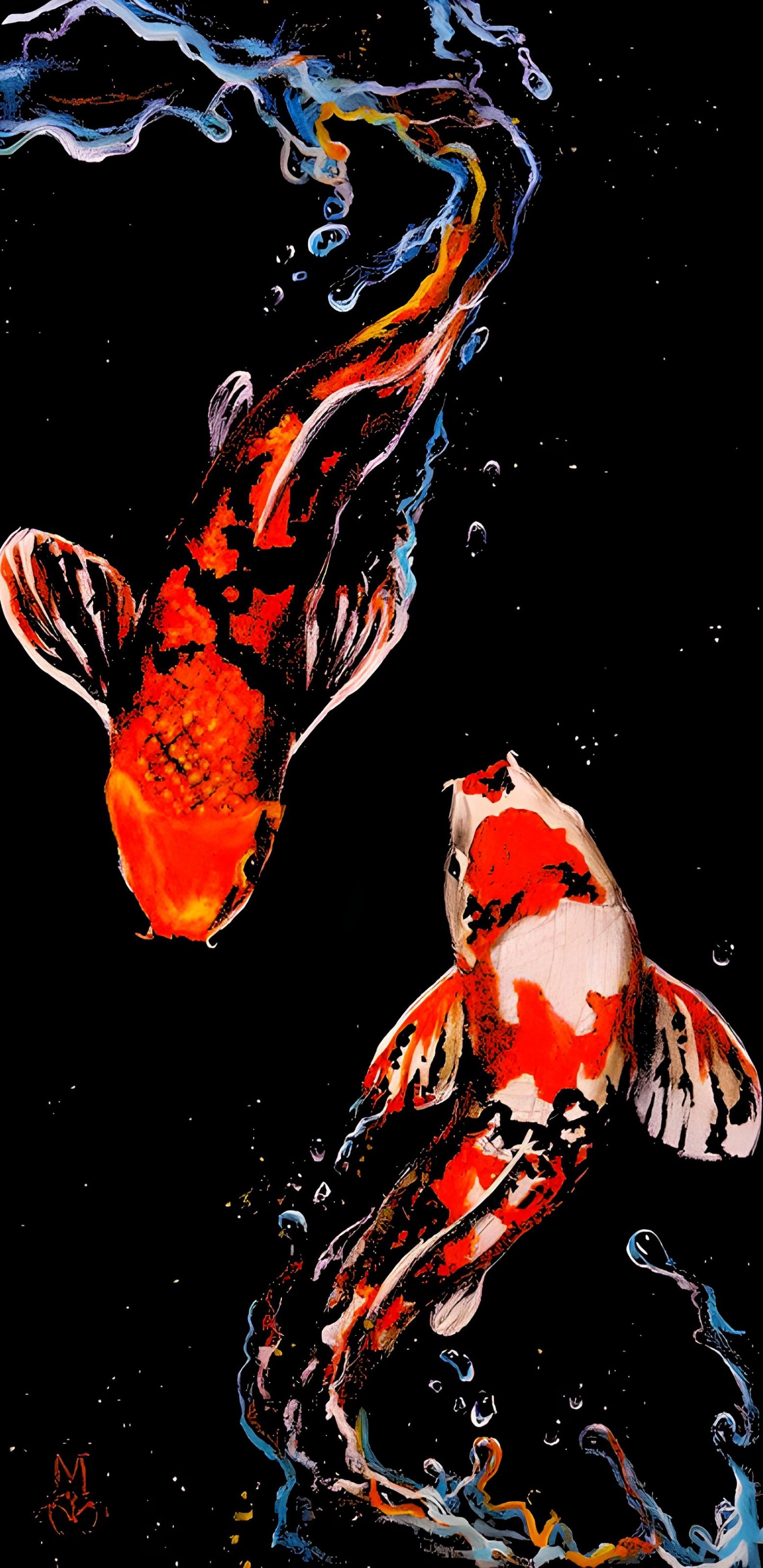 Обои рыба Koi, кои, Золотая рыбка, рыба, живопись в разрешении 1440x2960