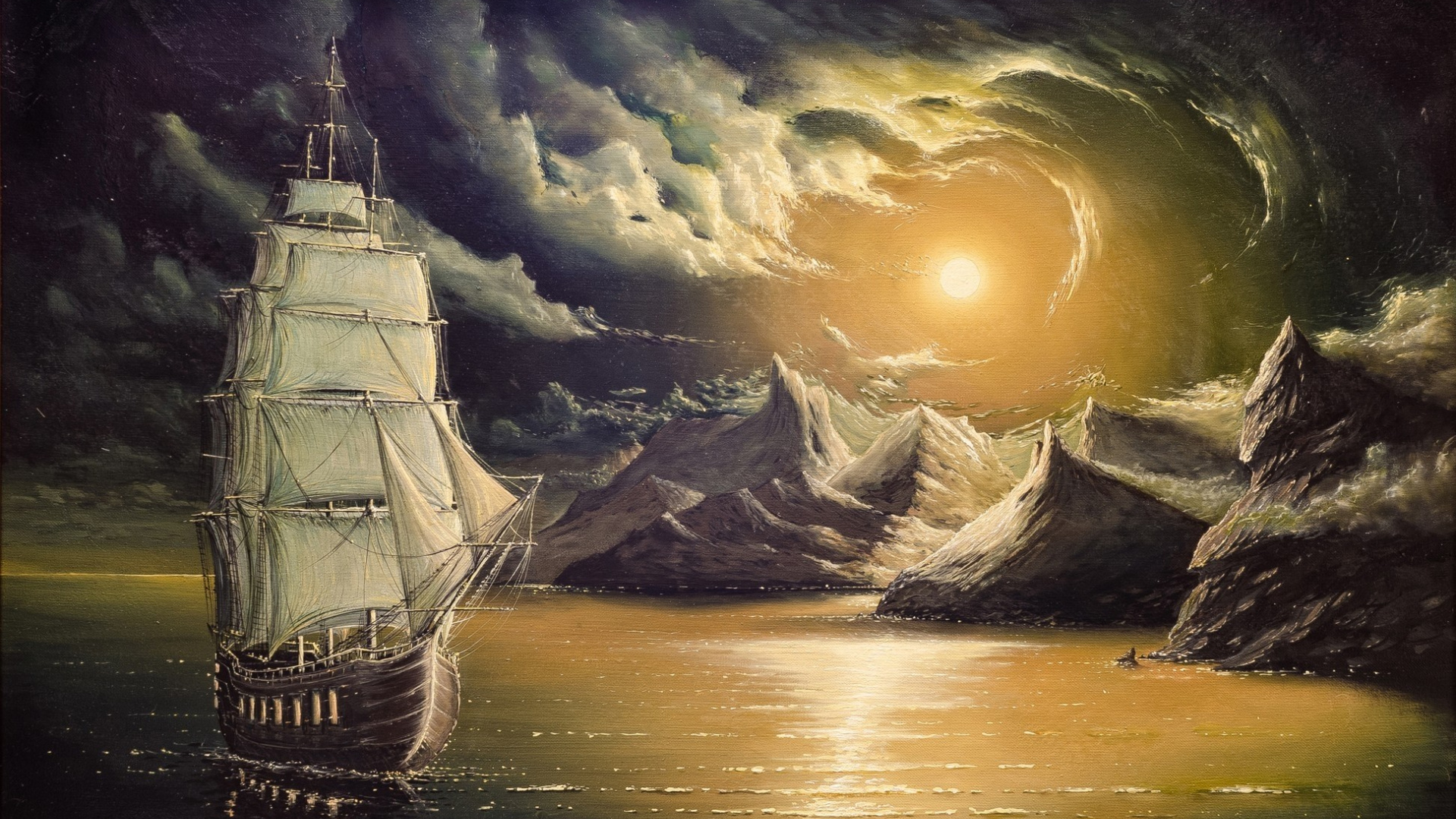 Обои спокойный, живопись, линейный корабль, парусное судно, манильский галеон в разрешении 1920x1080