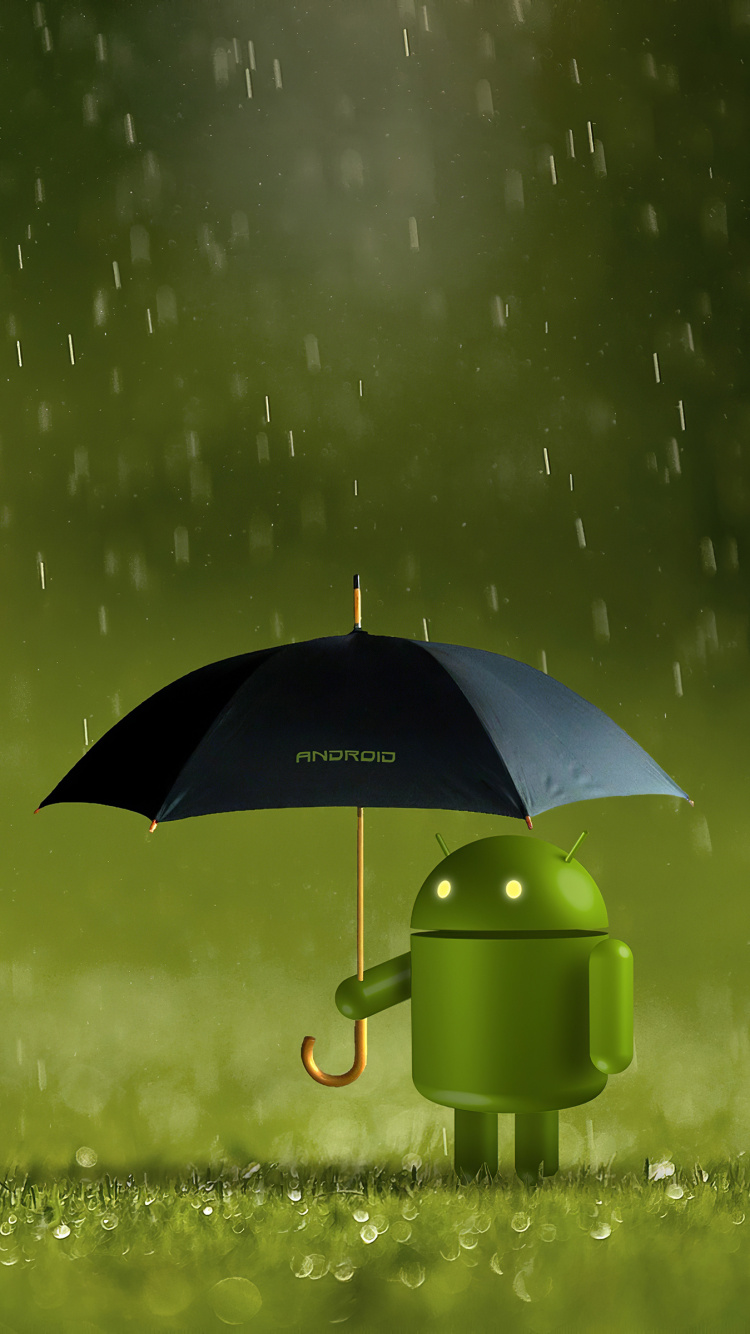 Обои андроид, зеленый, зонтик, дождь, атмосфера в разрешении 750x1334