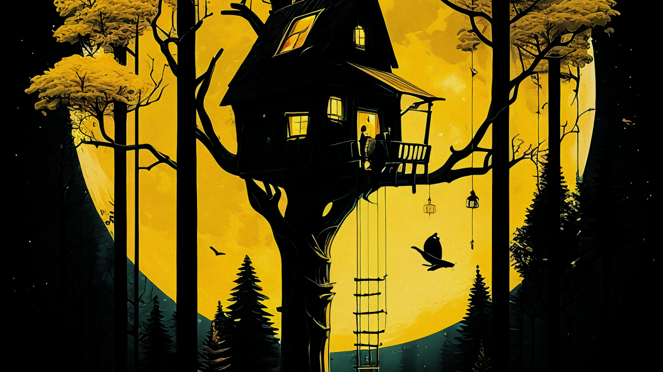 Обои темнота, живопись, дерево, арт, ветвь в разрешении 1366x768