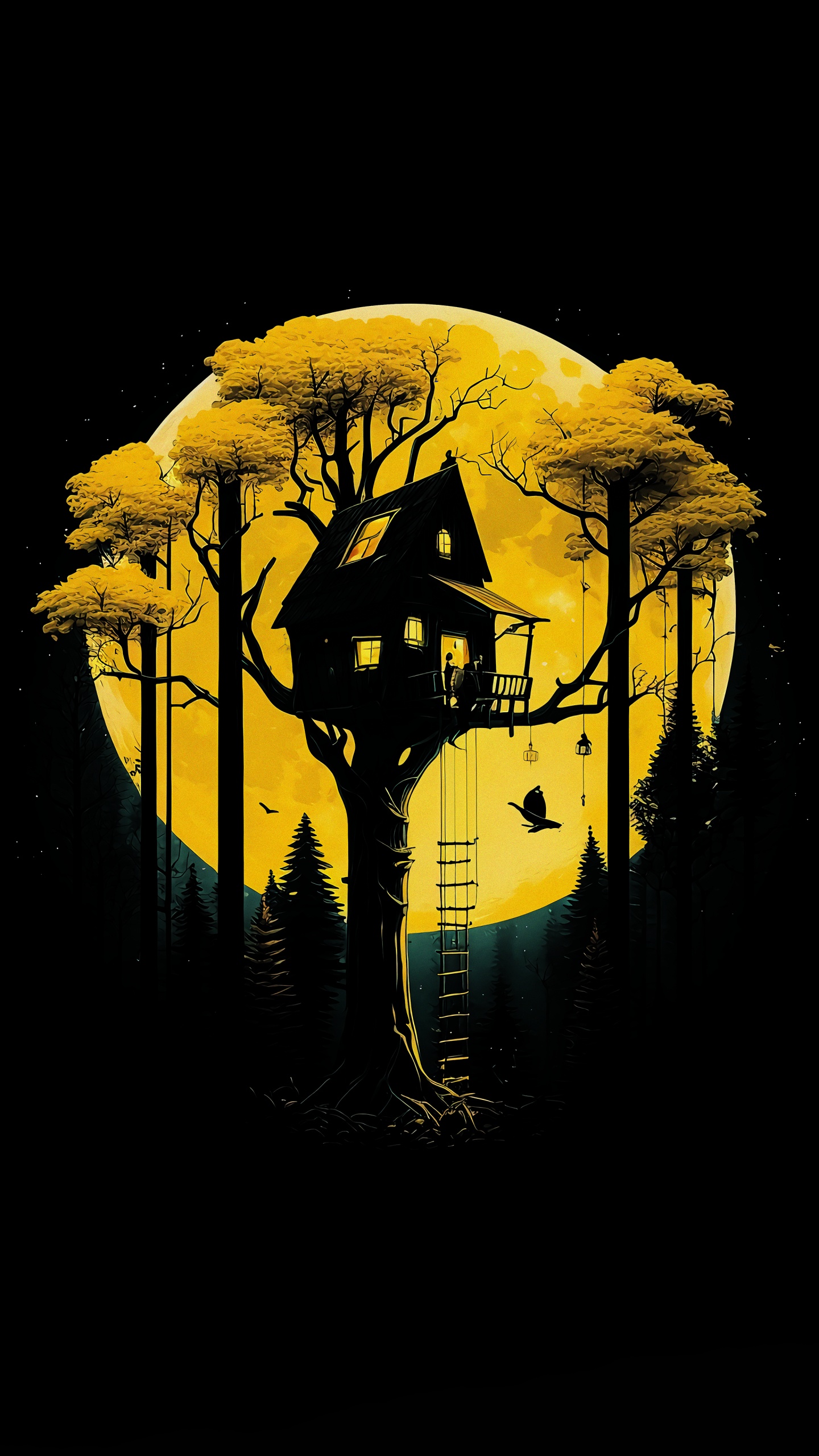 Обои темнота, живопись, дерево, арт, ветвь в разрешении 1440x2560