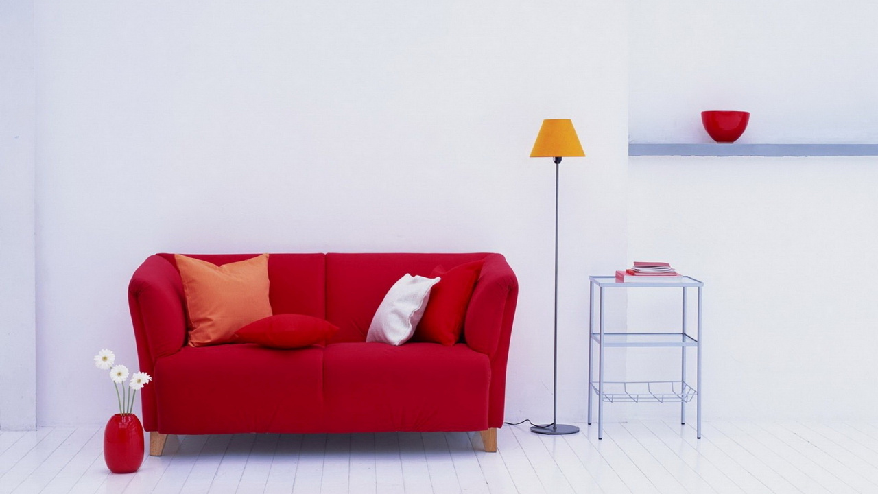 Обои мебель, красный цвет, дизайн интерьера, таблица, диванкровать в разрешении 1280x720