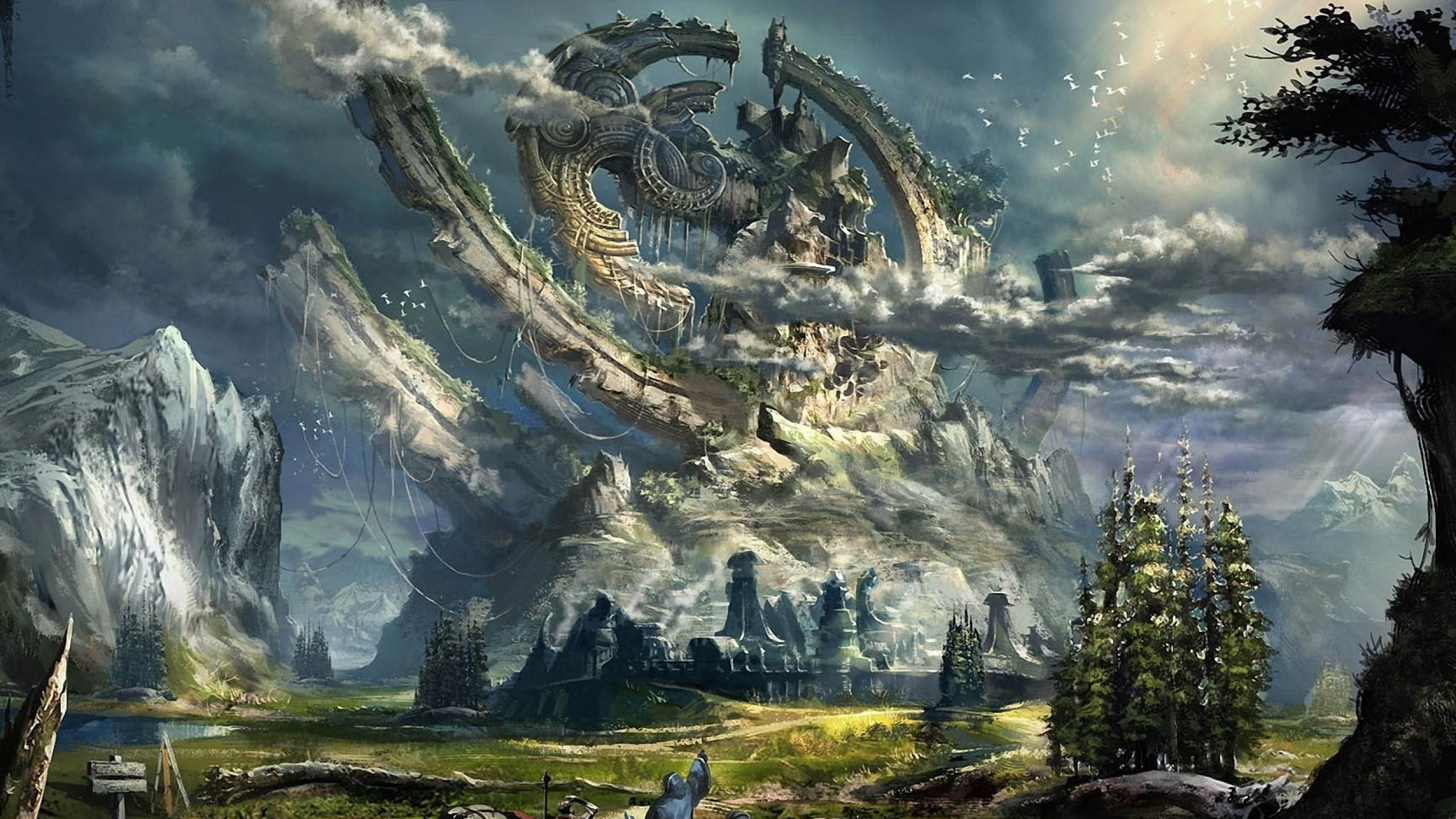 Обои пейзаж, живопись, дракон, дерево, лес в разрешении 2560x1440