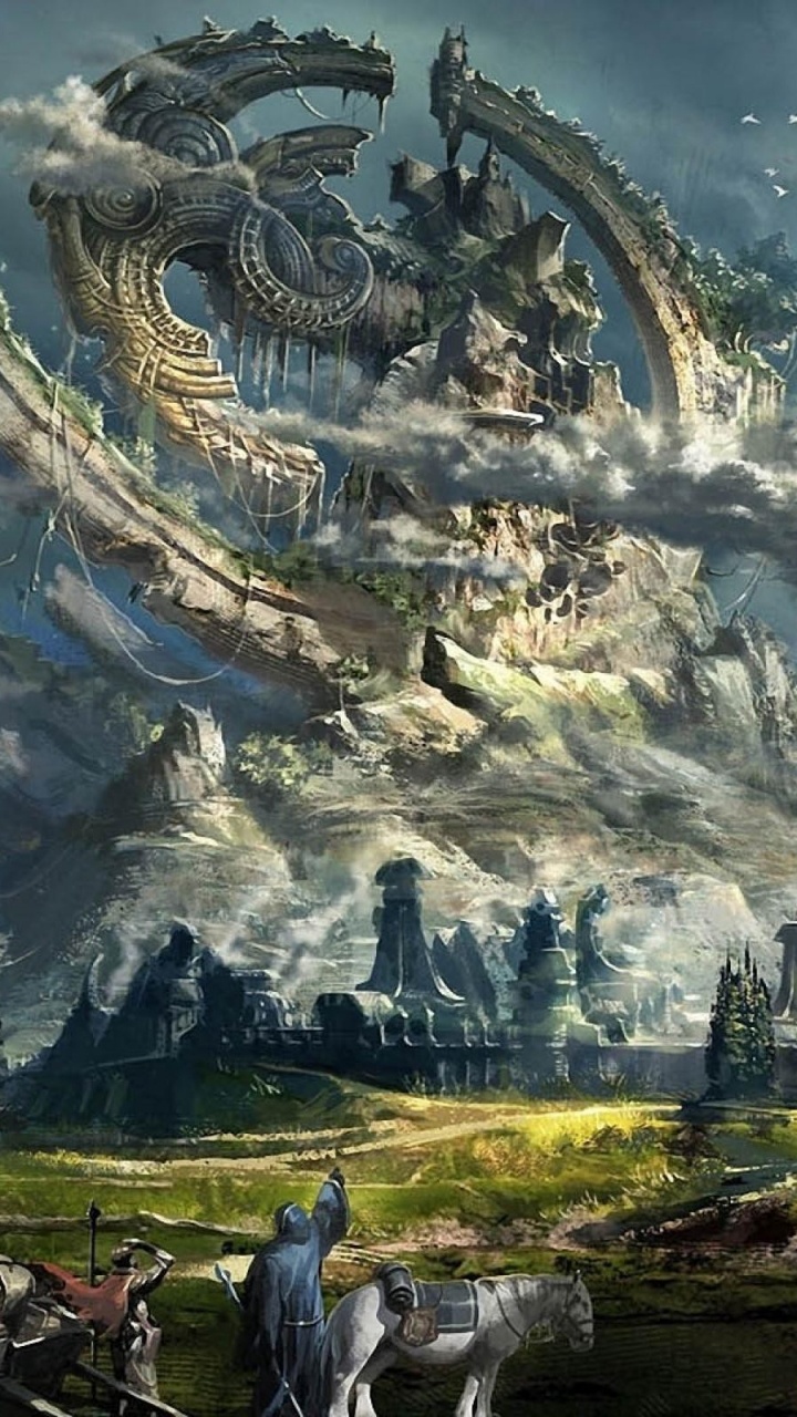 Обои пейзаж, живопись, дракон, дерево, лес в разрешении 720x1280