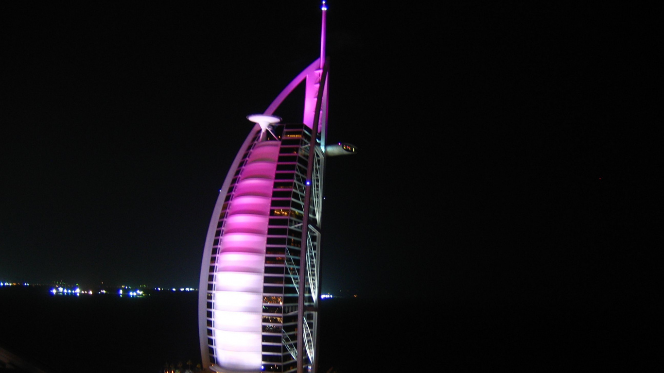 Обои Бурдж Аль араб, Бурдж Халифа, Пальма Джумейра, ночь, вышка в разрешении 1366x768