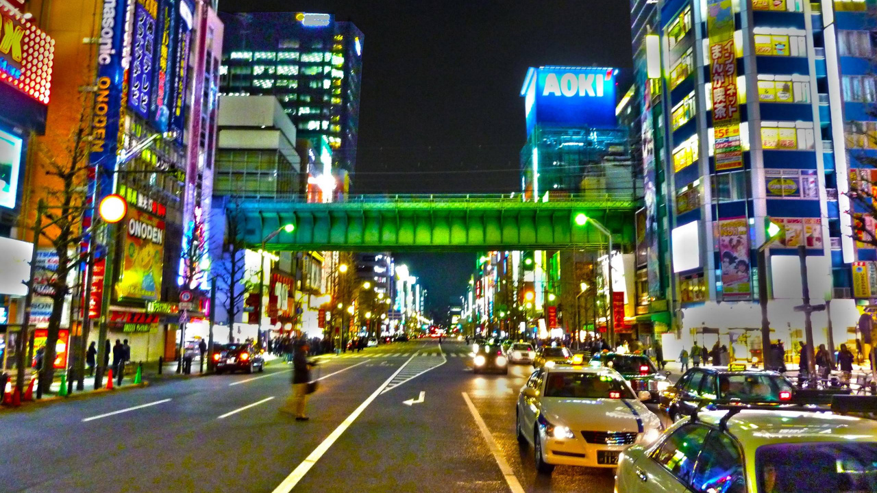 Обои Акихабара, городской район, ночь, метрополия, город в разрешении 1280x720