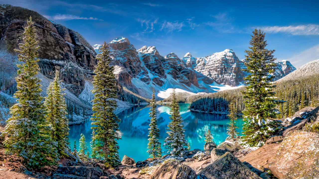 Обои моренное озеро, банфф, природа, гора, дикая местность в разрешении 1280x720