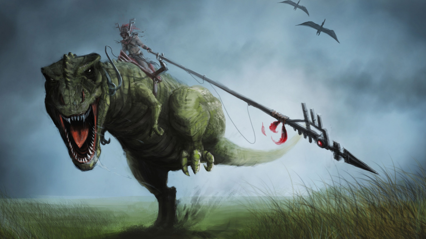 Обои тираннозавр, динозавр, дракон, компьютерная игра, Цифровой композитинг в разрешении 1366x768